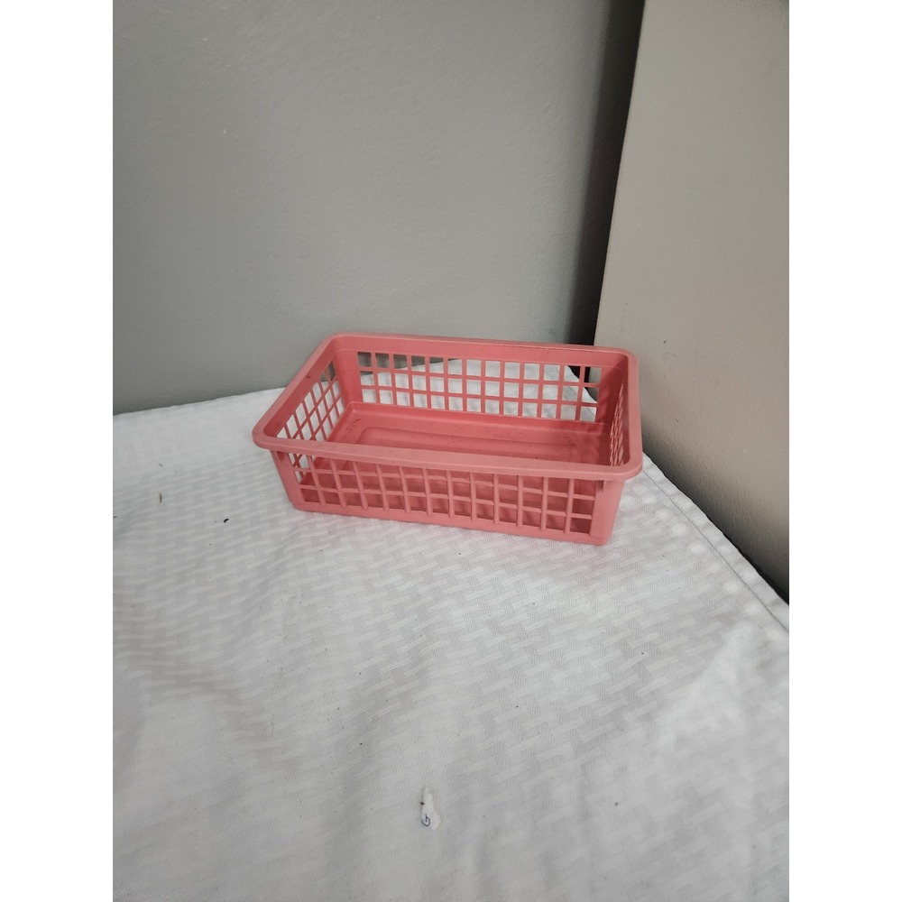 Pink Plastic Grid Storage Basket Rectangular Desktop Organizer Tray